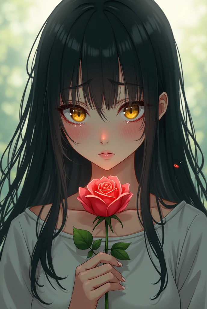 Girl with long black hair and yellow eyes crying holding a rose with thorns that make her hands anime.