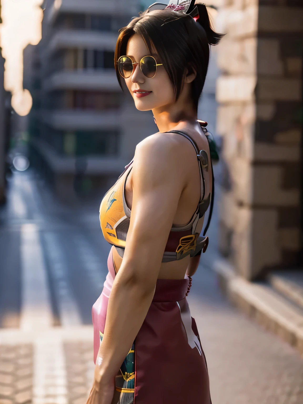 20 year old Japanese beauty,One woman、Muscular body like a bodybuilder、Emphasize the breasts、He wears a headband on his head、Slit eyes、A head-to-toe view,Bust is very very small、Wall Street in the background、High quality photos、Clear, crisp images of the lower body、Masterpiece 8k、Smiling、Is doing a high kick、From the front, from the side, from the back, etc.々from what camera angle to shoot、Orange Ninja Costume、The clothes are embroidered with dragons.、Have sunglasses、ponytail