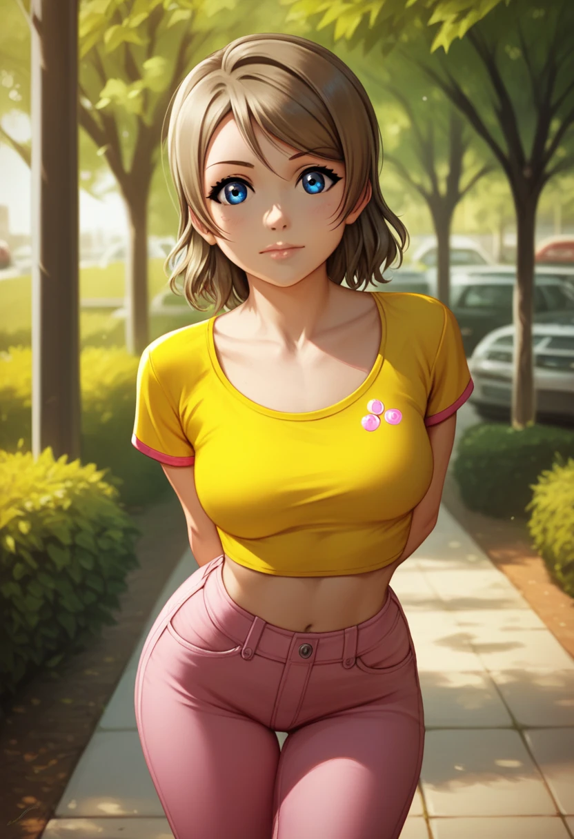(Masterpiece), 8k wallpaper, solo, realistic anime, Watanabe you, standing, yellow crop top, short sleeves, pink pants,thighs, sunny day,blue eyes, beautiful detailed face and eyes, detailed background ,park street , arms behind back, staring at viewer, leaning forward,thin waist, wide hips, closed mouth