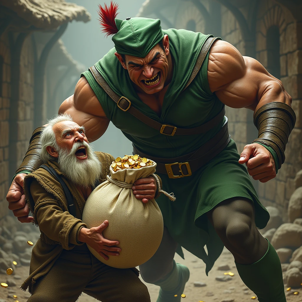 a very strong bodybuilder man, robin hood dress, with the green clothes and green hat characteristic of Robin Hood, muscular, tan muscular que se ven las venas de su cuello, shouting in anger and jumping on an old, poor man, a ragged beggar with a white beard and old, medieval clothes, hugging a big bag of money and gold coins, with a shocked expression of terror and fear with his mouth and eyes open screaming in fear, close up de su cara. Robin Hood wants to take the old man's big bag of money, Robin Hood is much bigger than the old man