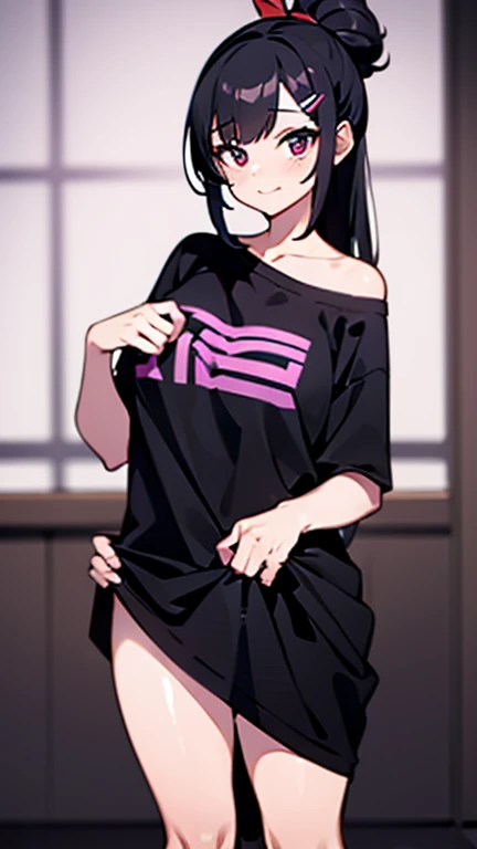 High tail hairstyle, one Ponytail hairstyle, Ponytail hairstyle,white hair, Long wavy black hair, standing posando, anime girl style, pixel art anime style,penetrating look with deep eyes,red and purple eyes, hair with a ponytail hairstyle trapped with a big red bun, women, red hair clips, x color shaped hair clips , smiling face blush, next to his bed, Black hair, thighs grandes, NSFW, from below, neckline, looking at the viewer, lascivious smile, ((oversized t-shirt)), off the shoulders, without pants, washing machines, thighs, ((White T-shirt)), standing, hands on the hips,Hair down to the back, thighs grande, big ass  