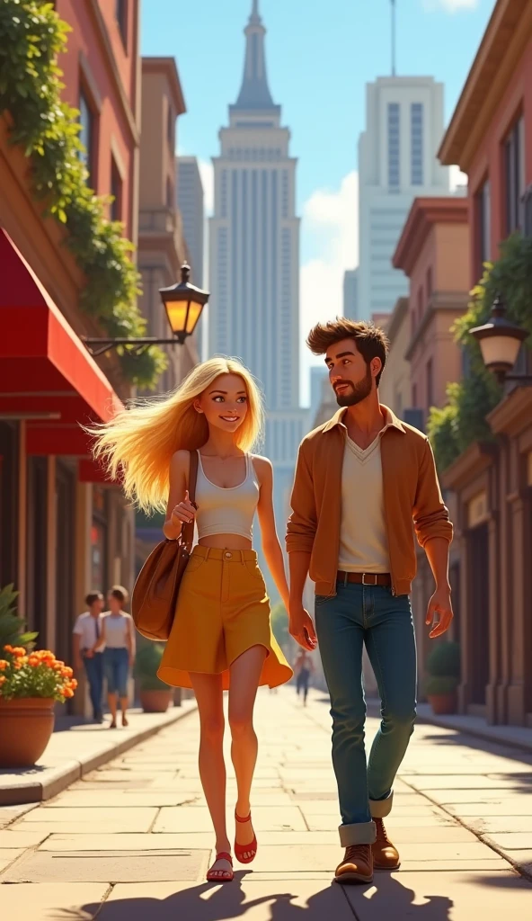A blonde young woman walking down the street with a handsome guy, pixar style, cinematic, masterpiece, high-aesthetic, portrait