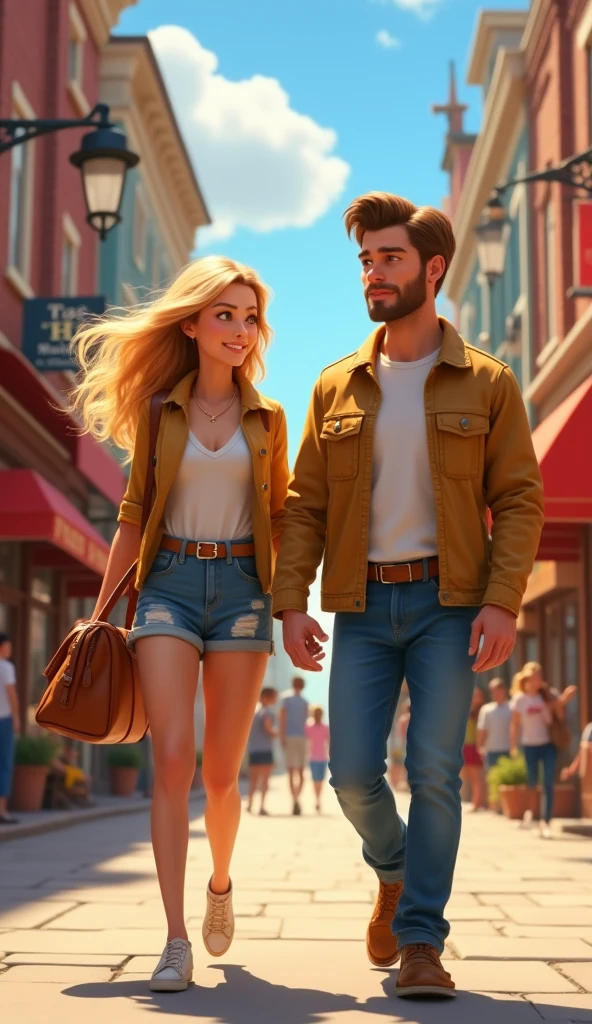 A blonde young woman walking down the street with a handsome guy, pixar style, cinematic, masterpiece, high-aesthetic, portrait 