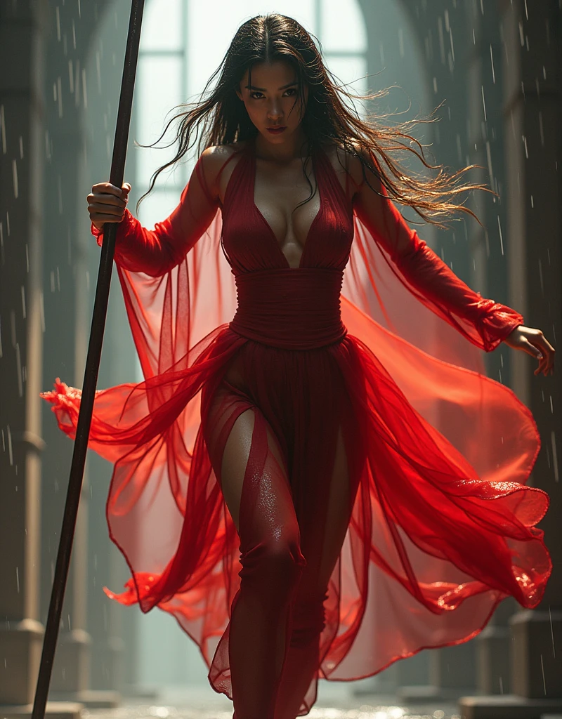 Young Asian military commander(Firm eyes,Delicate facial features,Flowing long hair),Sexy red transparent armor(No underwear,Vacuum naked breasts),Sexy transparent silk battle robe,Sweaty breasts are faintly visible,Carl Zeiss 35mm telephoto lens,Unreal Castle Dizzy Backlight,Raindrops floating in the air,Female warrior leaps into the air wielding a spear,Water droplets splashed everywhere,Rain soaked armor,Intimate and transparent clothing