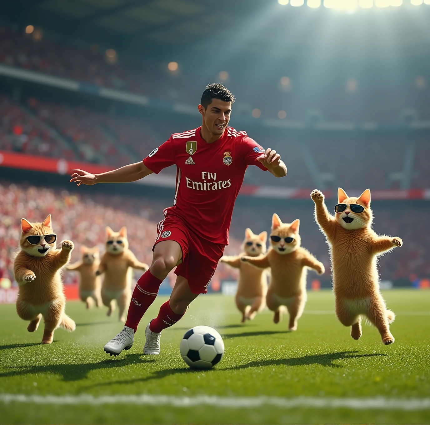 Cristiano Ronaldo makes a great play。Cats wearing sunglasses cheering loudly。