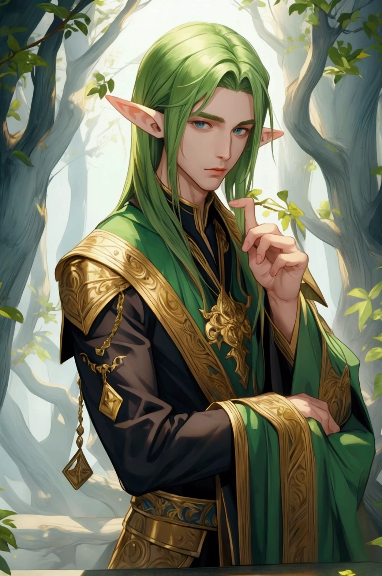 young and handsome male elf wizard who manipulates branches