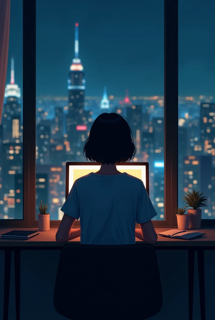 A young woman is seated at a desk, working late at night on a desktop computer. The setting is an urban apartment with a large window revealing a stunning cityscape at night, with tall skyscrapers lit up with various lights in the distance. The room is dimly lit, primarily illuminated by the glow of the computer screen. The woman, with short dark hair, is focused on her work, her face softly lit by the screen. She is wearing a casual t-shirt, and the atmosphere is serene yet focused. Outside the