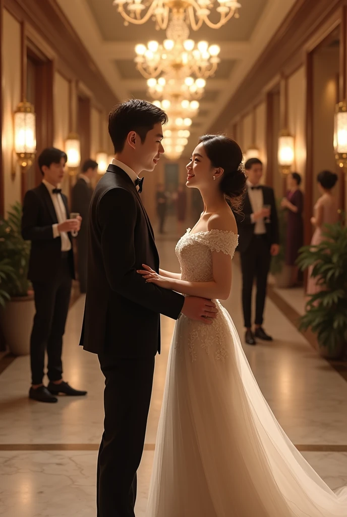 A korean couple are attending the hotel’s anniversary party. Make them have paler skin