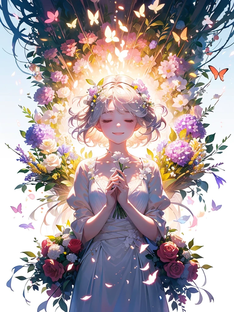 (masterpiece、Highest quality、Highest quality、Beautiful and beautiful:1.2)、(Excellent anatomy:1.5)、Milky white straight hair girl、Butterfly Fairy、Floral costume、A radiant smile、I bow my head and close my eyes and pray、Flowers and leaves on head、Holding a bouquet、Rose Garden