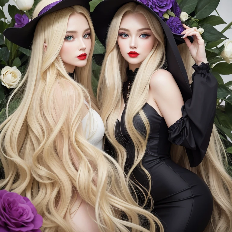 perfect face, red lips, green eyes,long black hair with very long blonde hair, super long blonde hair with very super long black hair, large hair, huge hair, woman wearing purple waisted mermaid dress, flowers hat