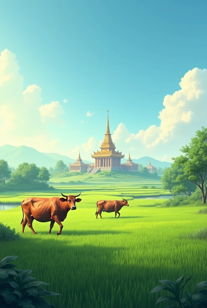  views of rural in cambodia , rice fields , cows, pagoda 