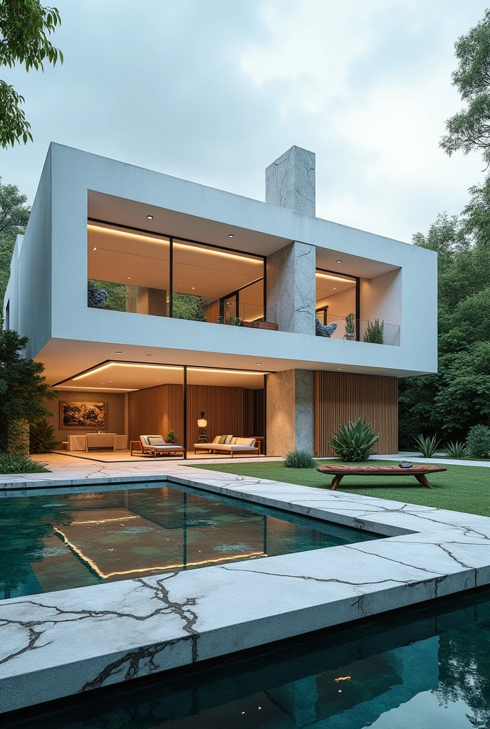 Create me a house make unique hyper realistic and show geometric shapes in the interior ad exterior