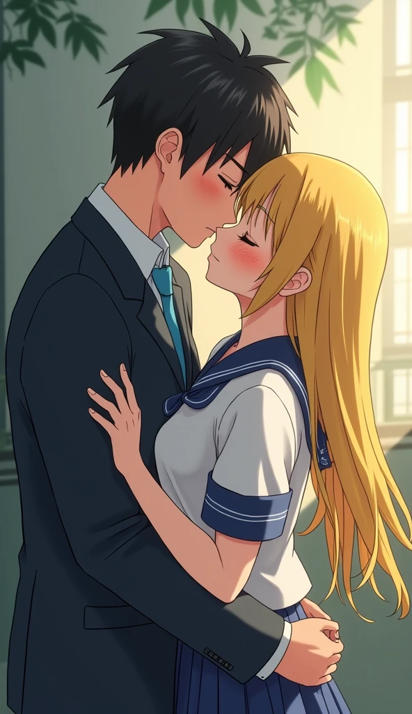 (32K:1.9, Realistic:1.9, Highest quality, masterpiece, Ultra-high resolution), Perfect dynamic composition:1.3, Highly detailed skin and facial textures:1.3, Cute sexy slim Japanese girl, (Slimman, Height about 180cm), (They both close their eyes, A man hugs and kisses a woman:1.3), Fair skin, ((Clarity:1.1)), (Man is anime「Marmalade Boy」Wearing a wonderful uniform:1.3, Bright yellow hair, beautiful目:1.3), (The woman is wearing a uniform with a light blue tie..:1.3, Straight black hair.:1.3, smile:0.9, A man completely charms a woman:0.9, beautiful Blue Eyes, beautiful, Clear Eyes:0.8), Sexy Face:0.4, blush:1.1, (beautifulエロティシズムを醸し出す雰囲気:0.8), Professional random camera work, Cinematic Lighting Effects, (Full Body Shot), (Too erotic), romantic, mysterious, Object of admiration, original, dramatic, artistic, Innovative, charm, Heartful, Fancy, Tilt, sense of loss, special, exciting, Extreme, sense of openness, joy, joyの表現, ((若さのcharm, 女性的なcharm))