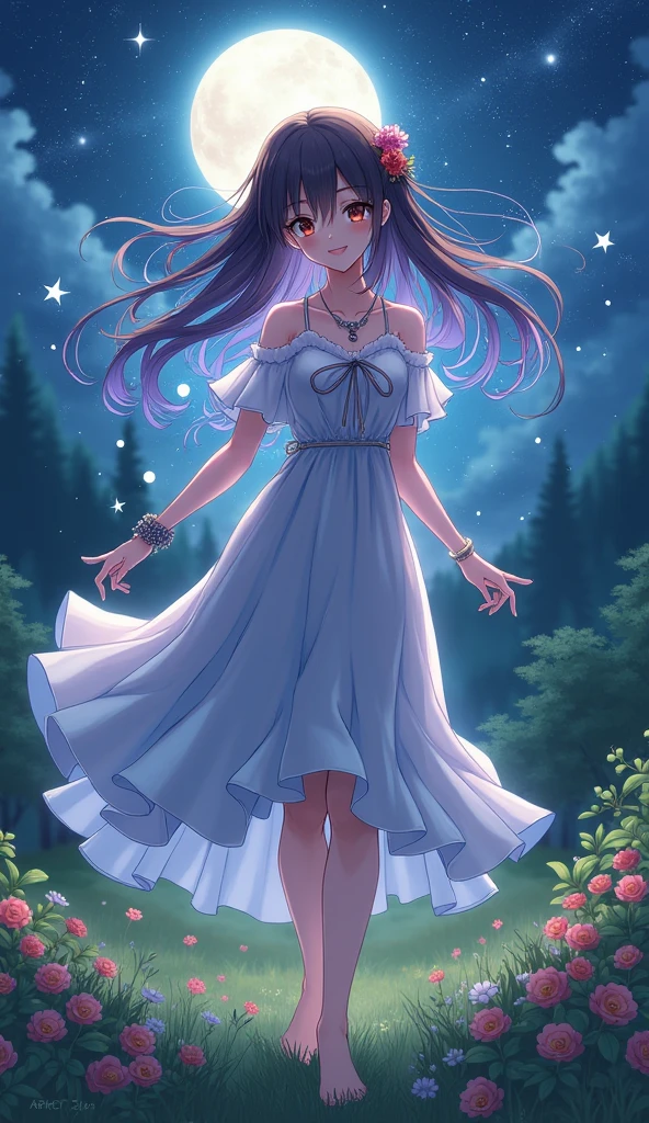(masterpiece、Highest quality、8k、High resolution)、1 female、(Beautiful Face、Beautiful Face)、Beautiful eyes with slit length、Cute lips、Beautiful Nose、Brownish black hair、smile、(Best anime girl)、Grassland with a forest view、Walking,Colorful flowers blooming in the field,A bright night with the stars clearly visible、full moon、milky way、Mysterious light particles from the whole body、Colorful light particles、A mysterious light shining around your head、melt、jewelry、necklace、dress、(Beautiful full body style)、Highly detailed anime art、A complete portrayal、