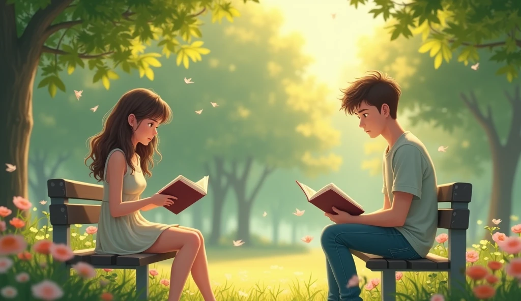 Une jeune femme assise sur un banc dans un parc ensoleillé, entourée d'arbres verdoyants et de fleurs colorées. Elle a de longs cheveux bruns légèrement ondulés et porte une robe légère d'été de couleur pastel. Elle est absorbée par la lecture d'un livre, avec une expression calme et rêveuse sur son visage. Un jeune homme assis aussi sur un autre banc à 100 mettre de la fille, regardant vers elle avec une expression nerveuse mais déterminée. Il a les cheveux courts et châtains, porte une chemise décontractée et un jean. L'arrière-plan montre un parc tranquille, avec des oiseaux qui chantent et des rayons de soleil filtrant à travers les arbres. L'ambiance est douce et romantique, capturant l'instant délicat d'une possible première rencontre. 8k