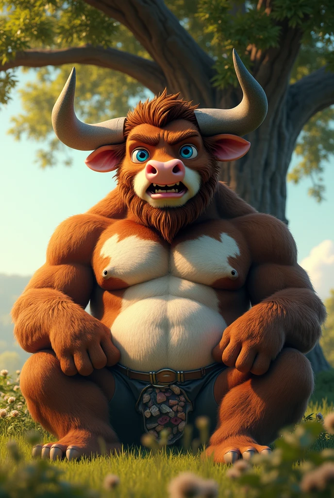 by zackary911, by honovy, by darkgem, by roanoak, by sssnowby, masterpiece, detailed face, detailed background, bull, farmer, straw hat, big eyes, blue eyes, looking at viewer, big biceps, abs, pecs, nipples, multicolored fur, brown fur, white fur, armpit hair, equine penis, sheath, pubes, chest tuft, beard, smile, open mouth, big balls, saggy balls, veiny balls, ball tuft, huge penis, medial ring, multicolored penis, sunshine, shadows, sweat, dripping sweat, sitting, sitting under tree, chest hair, nose ring, horns, tree