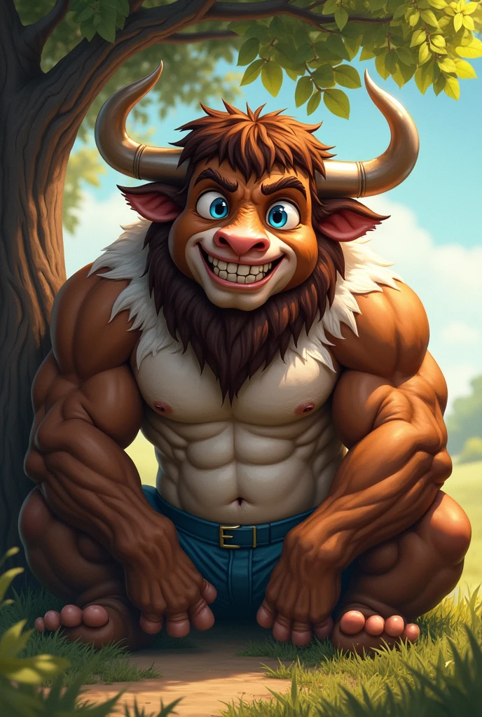 by zackary911, by honovy, by darkgem, by roanoak, by sssnowby, masterpiece, detailed face, detailed background, bull, farmer, straw hat, big eyes, blue eyes, looking at viewer, big biceps, abs, pecs, nipples, multicolored fur, brown fur, white fur, armpit hair, equine penis, sheath, pubes, chest tuft, beard, smile, open mouth, big balls, saggy balls, veiny balls, ball tuft, huge penis, medial ring, multicolored penis, sunshine, shadows, sweat, dripping sweat, sitting, sitting under tree, chest hair, nose ring, horns, tree