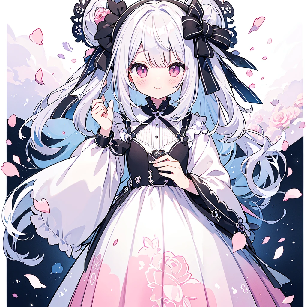 Transparent watercolor、、Beautiful layout and motif、Depth of written border、smile、1 person、Silver Hair((Medium Hair、Straight Hair))、White bristles、Fashionable design clothes、Background white、Rose petals、cute、black and pink goth、