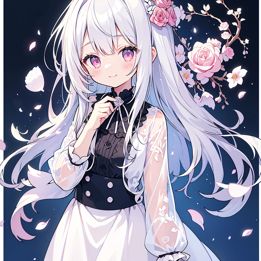 Transparent watercolor、、Beautiful layout and motif、Depth of written border、smile、1 person、Silver Hair((Medium Hair、Straight Hair))、White bristles、Fashionable design clothes、Background white、Rose petals、cute、black and pink goth、