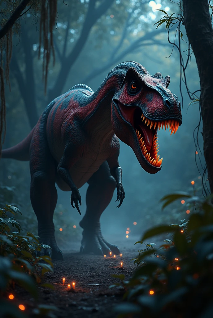Red Tyrannosaurus Rex with black stripes in the African forest at night. Terror. frightful. fear. 