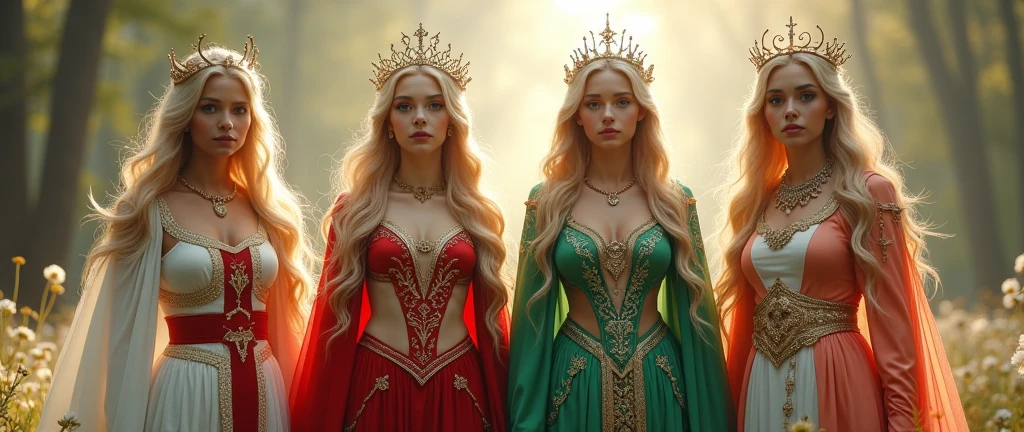 Beautiful Goddess Sisters, whole body, Goddess of England dressed in a costume based on the flag of St. George, Scottish goddess dressed in a costume based on the Scottish flag, The Welsh goddess dressed in a costume inspired by the Welsh flag, Goddess of Northern Ireland dressed in a costume based on the Northern Ireland flag,