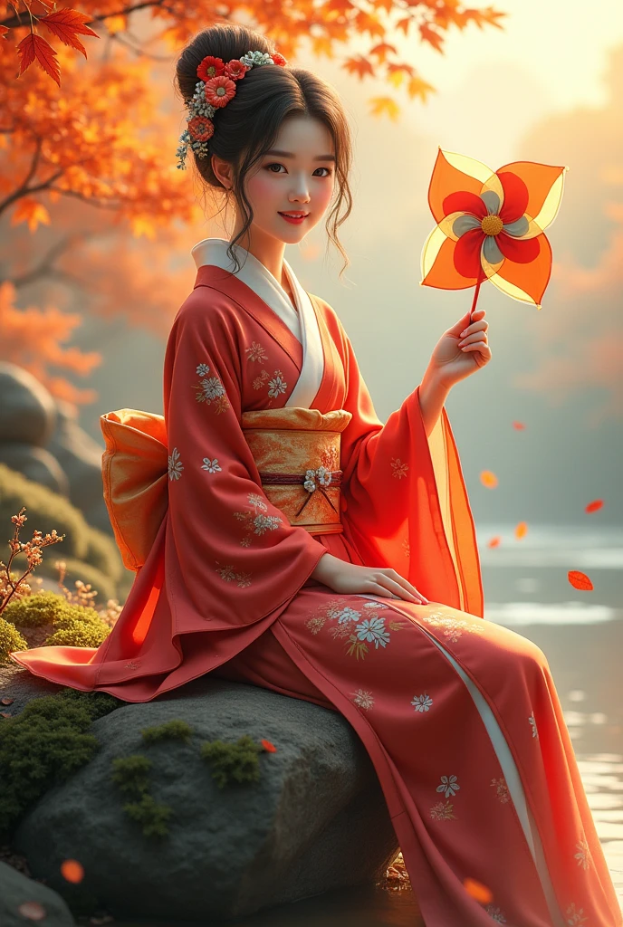 Prompt : A beautiful Asian young woman, detailed beautiful eyes and face, in a vibrant red kimono with floral patterns sits gracefully on a moss-covered rock, surrounded by golden autumn foliage. She holds a colorful pinwheel in one hand, a joyful smile on her face. The scene is bathed in soft, warm sunlight, highlighting the intricate details of her traditional attire and the beauty of the surrounding nature. Her hair is adorned with delicate flowers, adding a touch of elegance. The overall moo