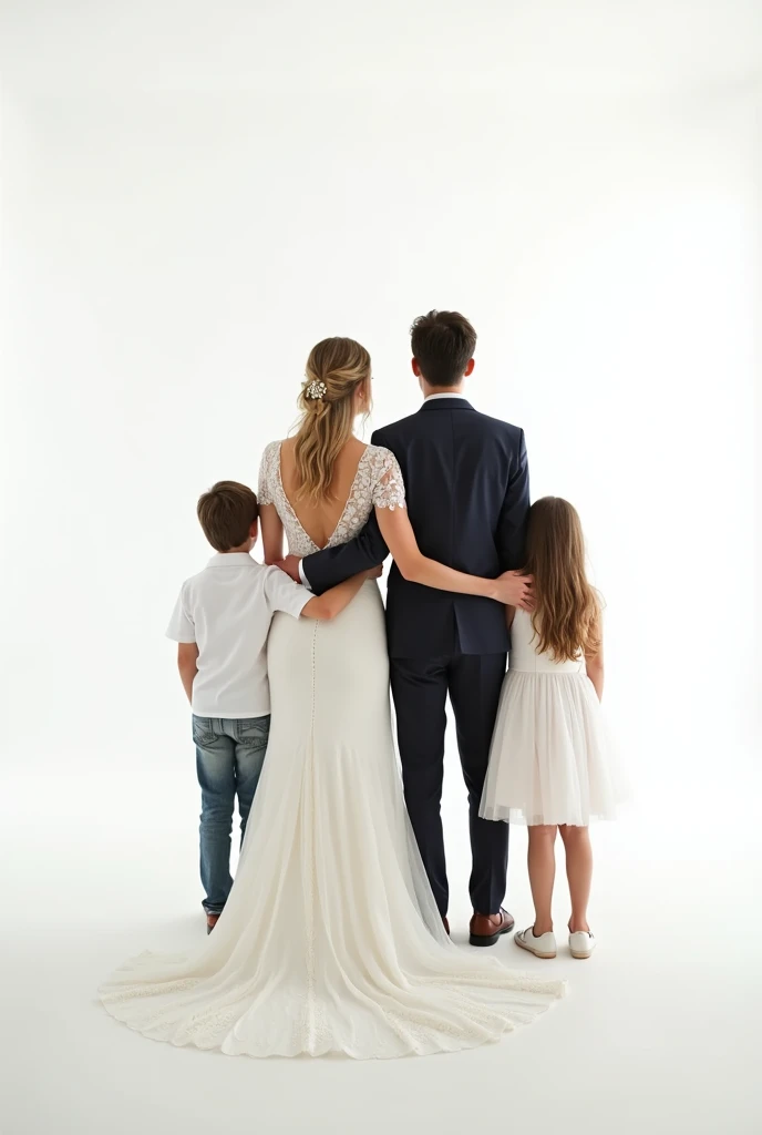 un couple de mariés de dos avec leurs enfants : un garçon et une fille. Fond totalement blanc. la mariée tient le marié par le dos