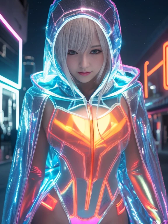 Lake at night,(Gorgeous night illuminations:1.3),(Standing in the night:1.3)The actress is a very beautiful adult woman........(Sexy super shiny orange transparent holographic mechanical cyberpunk suit with hood:1.3) ,(A mechanical hooded suit that lights up with vibrant LEDs:1.3),Surrounded by a network of wires. surrounded by circuits.Sexy Face, necklace,Earrings, Smile.Sexy pose, (Silver Hair、精巧な編み込みとビーズで飾られたponytailのツイストバンズ,),(The bangs are see-through),(hairpin、ponytail、Wear a hood、),Chest slip,(Emphasize large breasts:1.3),Professional Lighting,Cinematic Light,(Tabletop,Highest quality,Ultra-high resolution output images,) ,(8K quality,),(SeaArt 2 Mode:1.3),,(Picture Mode Ultra HD,)