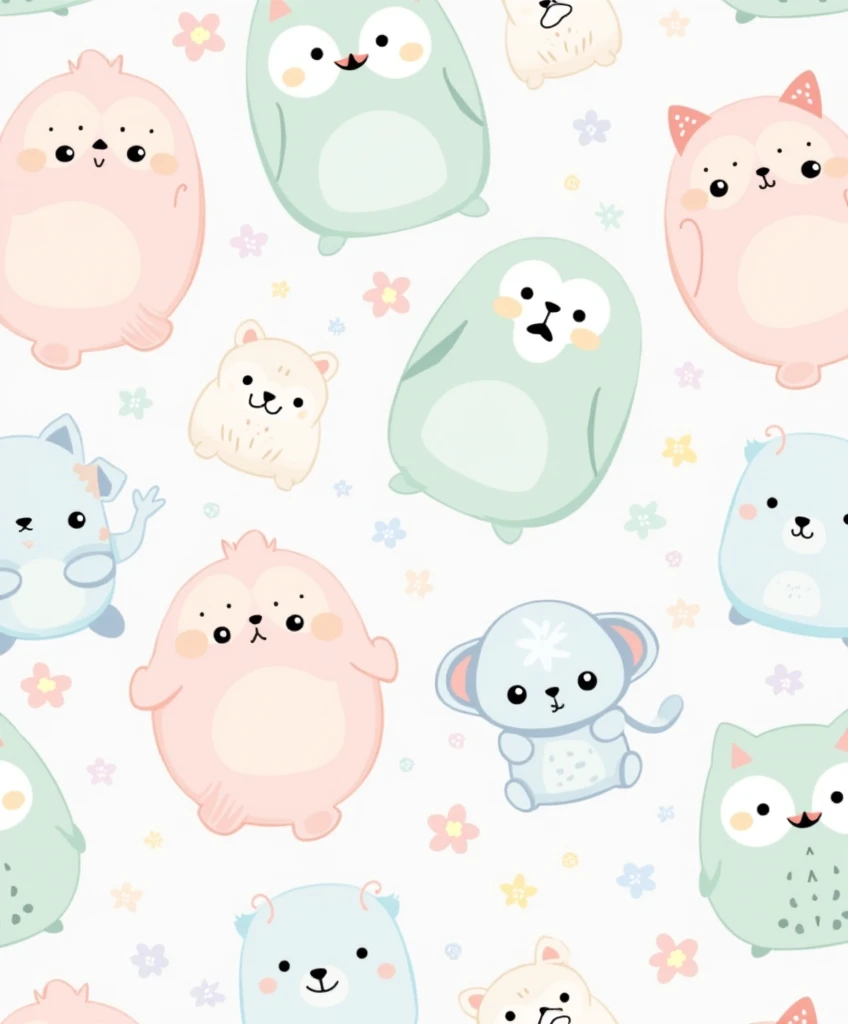 "Create a cartoon-style print, focused on Squishmallows characters arranged in an overlapping manner, taking up all the space, without leaving empty areas. The image should include different Squishmallows with adorable expressions., all drawn with thin black outlines on a light gray background. Some of the characters should be colored in soft shades of pink., green and blue, while others remain black and white.
Specific characters to be included:
Um Squishmallow axolote, with pink body and lighter cheeks, positioned in the central left part.
Um Squishmallow em forma de cacto, with a green body and a purple flower on top of the head.
An owl Squishmallow, in shades of blue and white, located on the right side of the image.
Various other monochromatic Squishmallows, including a cat, a elephant, a raccoon and a lion, drawn only with thin black outlines.
Each Squishmallow must have a simple and cute facial expression., varying between smiling, blinking, or simply with your eyes open. The lines that delimit the characters must be thin, but well defined, creating a sharp contrast between the colored characters and the black outlines.
Art should maintain a soft and cozy appearance., ideal for printing women's, children's and teenage clothing. Ensure that the print has a homogeneous distribution, with the characters interspersed and overlapped in such a way that they create a continuous and pleasing pattern, no empty spaces."