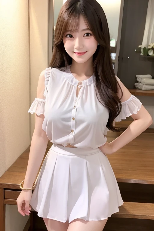 high resolution、Best image quality、Japanese、One Girl、Age 25、（Big Breasts）、Large Breasts、White skin、cute、smile、Tight waist、Beautiful legs、thin脚、thin、Chiffon blouse、（mini skirt）、((Tight Skirt))、sunny
