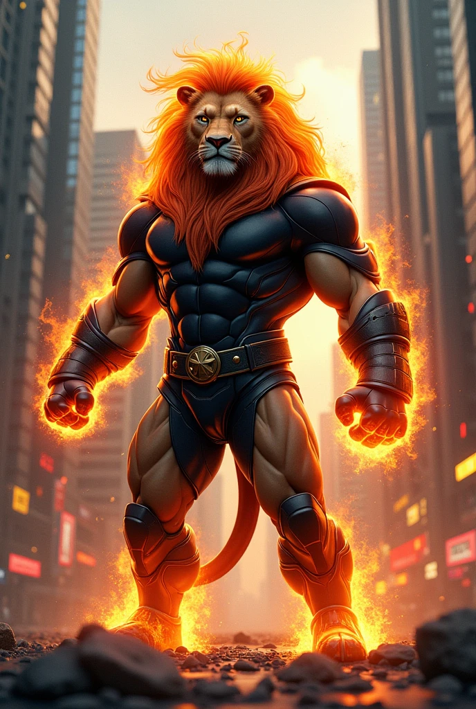 Lion in black hero costume in the city and fire on his head and burn his hand.