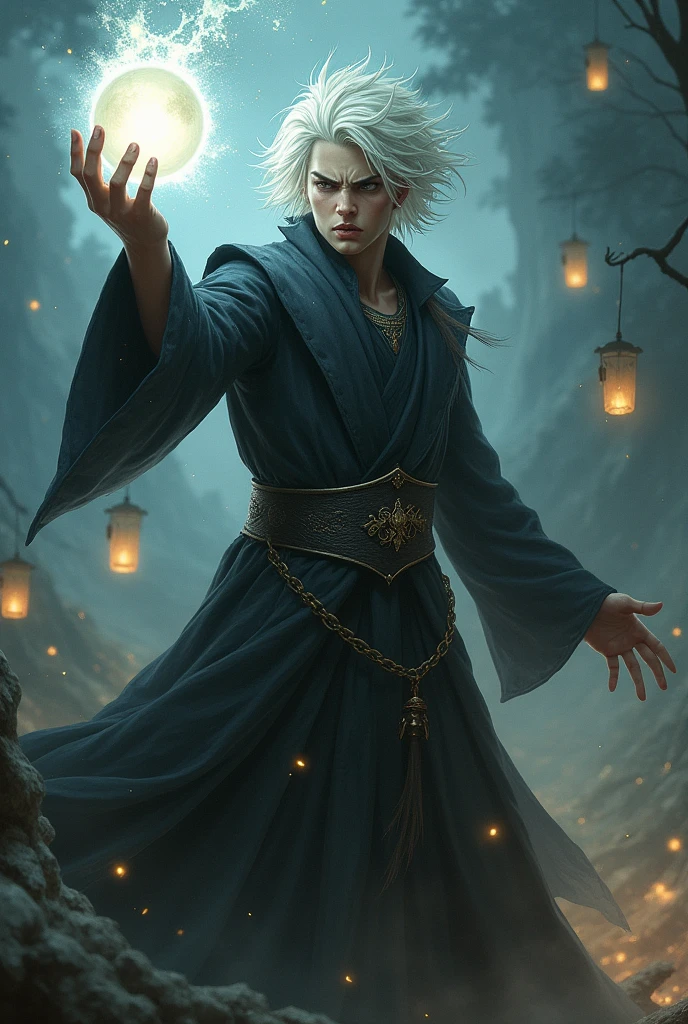 a young wizard where his hair and eyes are white, his face is angry and without his hand he stretches out a sphere of energy is created, half darkness and half light , the landscape behind is sober and there are floating lanterns around 