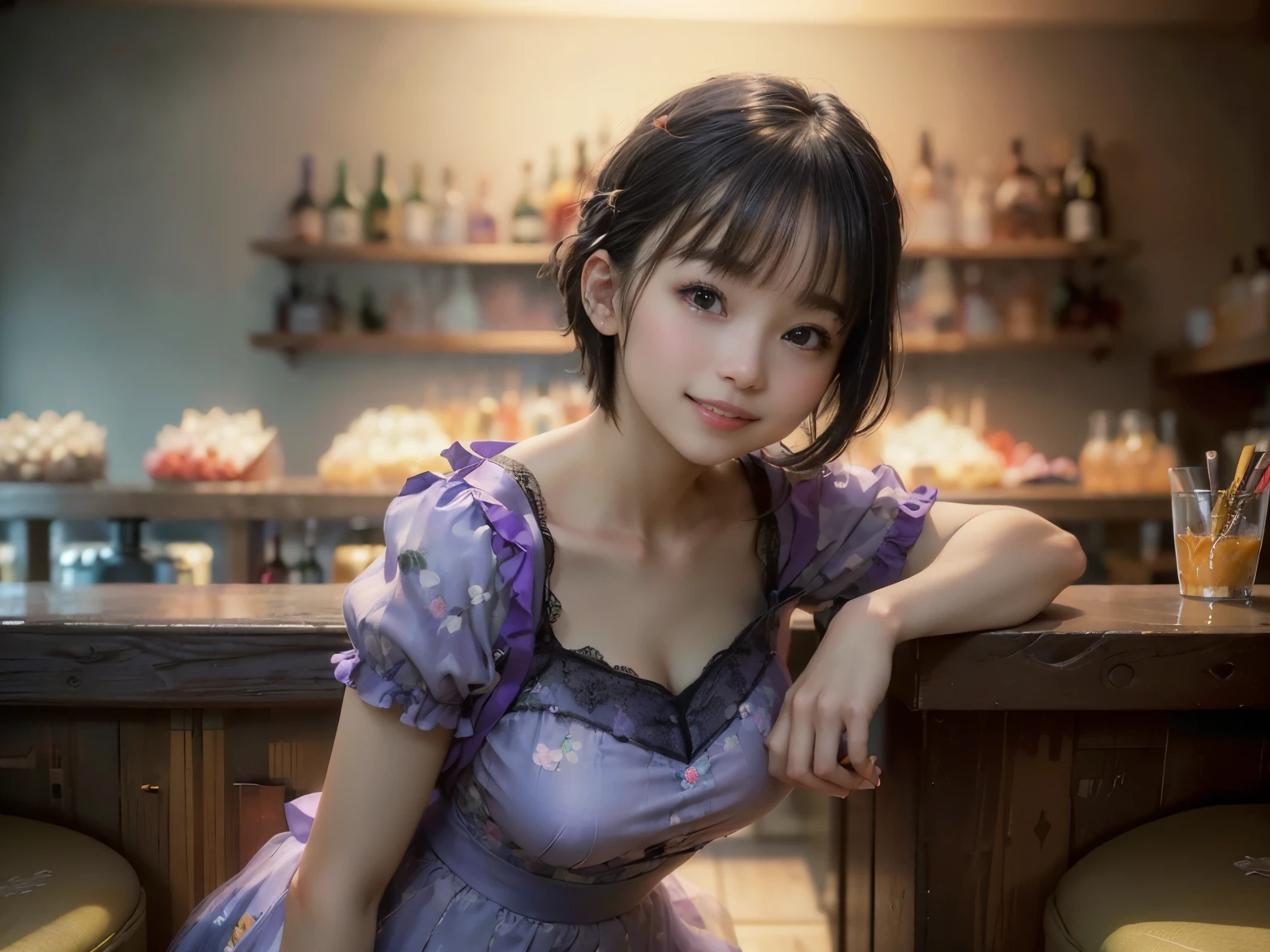 (Highest quality, masterpiece, Ultra-high resolution, 8k, RAW Photos, Realistic, Anatomically correct:1.5), 20-year-old girl:1.2, Embarrassing, avert your eyes, blush:1.0, View Viewer, ((bar)) 、Large windows、Night view、 Light:1.2, Bokeh, Cinema Lighting:1.0, Depth of written boundary, sharp、 Cute Face、Idol、(Black short sleeve lace top)、(Black tulle skirt)、(Purple clothes)、(Floral clothes)、”dwarf”、(Full Body Shot)、(Side angle)、Cowboy Shot、( smile)、((Ultra short hair、Berry Short))、(Straight bangs)、((See-through))、(( One woman))、look back、I can see your belly button、