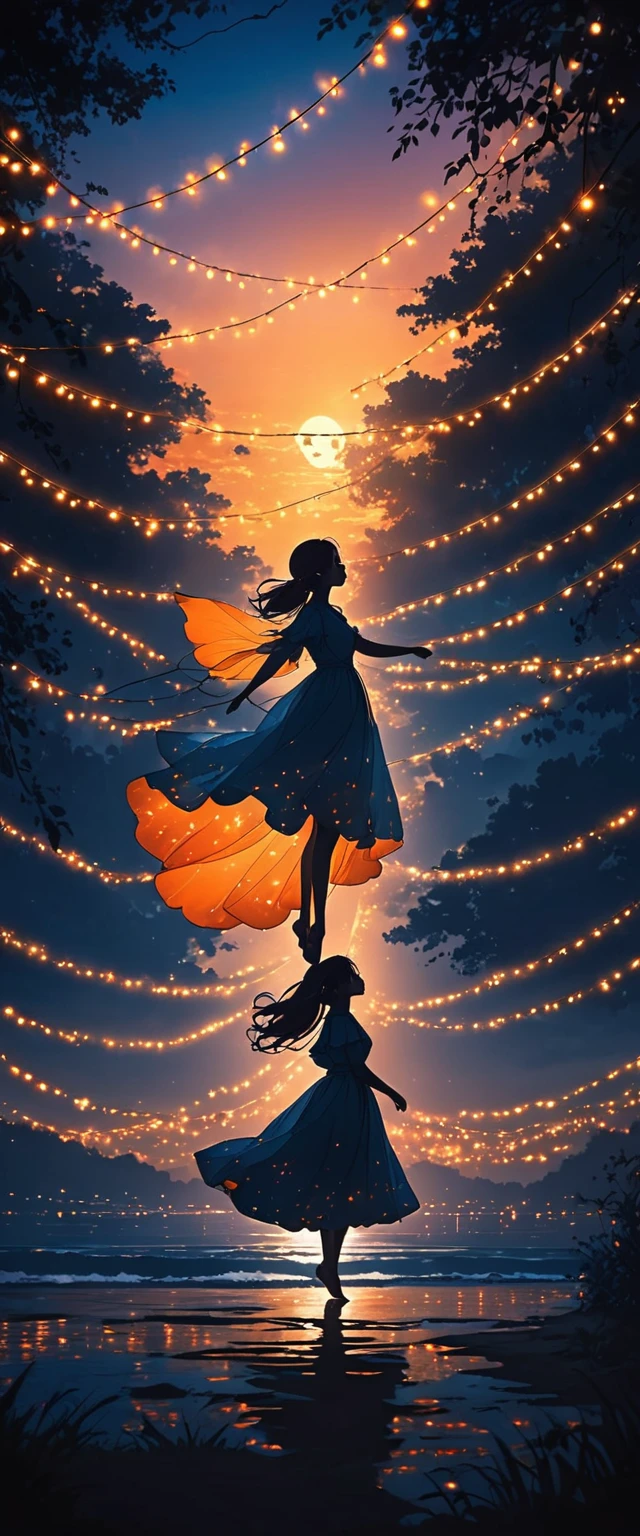 The image depicts the silhouette of a person standing against a stunning sunset backdrop. The sky transitions from a rich orange near the horizon to deep blue as it ascends. The person appears to be wrapped in a string of small, glowing fairy lights, with some of them lit up, creating an ethereal and captivating contrast against the dark silhouette. The person seems to be holding up one arm, perhaps adjusting or interacting with the lights. The overall mood of the image is peaceful and enchanting.girl,smile