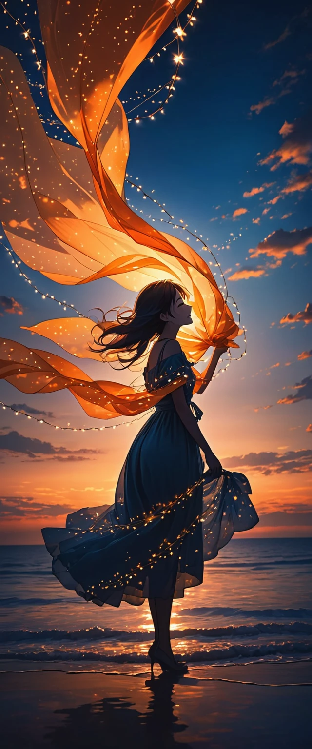 The image depicts the silhouette of a person standing against a stunning sunset backdrop. The sky transitions from a rich orange near the horizon to deep blue as it ascends. The person appears to be wrapped in a string of small, glowing fairy lights, with some of them lit up, creating an ethereal and captivating contrast against the dark silhouette. The person seems to be holding up one arm, perhaps adjusting or interacting with the lights. The overall mood of the image is peaceful and enchanting.girl,smile