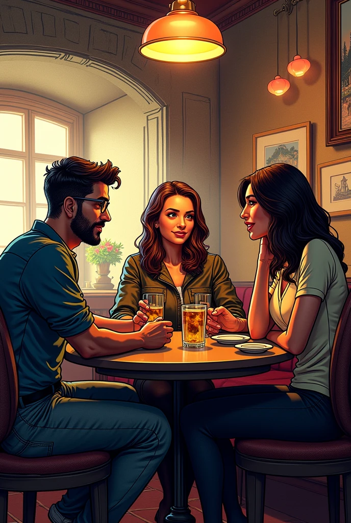 3 people talking siting inside a restaurant, comic style, highly detailed