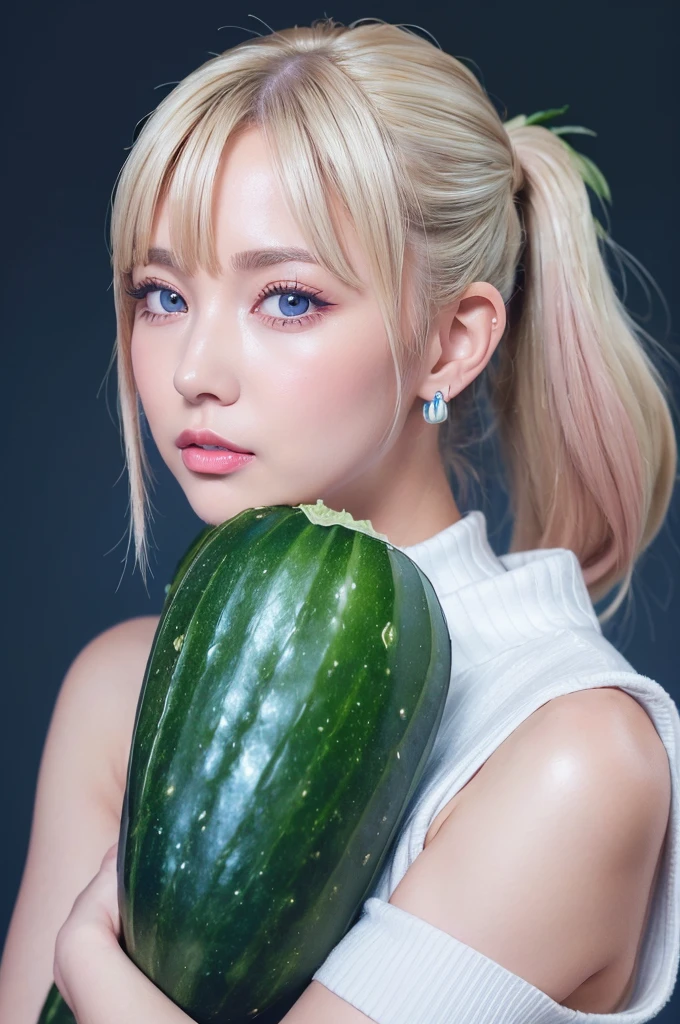 ((Highest quality)), ((masterpiece)), (High-definition photos), (upper ponytail), (Blonde), (bangs), (beautiful girl:1.3), False eyelashes, (earrings), white sleeveless turtleneck dress with a ribbed texture and a bodycon fit, (white skin), head tilt, (Blushed:1.3), (face close up), from side, (kiss the cucumber:1.4), Shiny skin、wetty lips, Thin eyebrows、(Blue eyes:1.1)