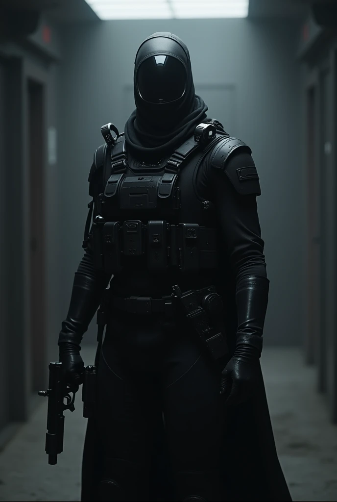 A highly realistic and dark visual depiction of an Obsidian Order operative in a shadowy, secretive environment. The operative is dressed in sleek, black tactical attire, designed for stealth and combat, with no visible insignia or identifying marks. The armor is modern and fitted, blending advanced technology with a minimalist, ghost-like appearance. The operative's face is concealed by a high-tech mask with a visor that hides their identity, reflecting a cold, calculating presence. They are armed with a silenced pistol and a combat knife, their posture alert and ready for action. The background is dimly lit, with shadows and faint outlines of a covert mission setting, suggesting an atmosphere of secrecy and danger. The art style is realistic, emphasizing the stealth, precision, and anonymity of the Obsidian Order operative, who embodies the fearsome and legendary nature of this secretive unit.