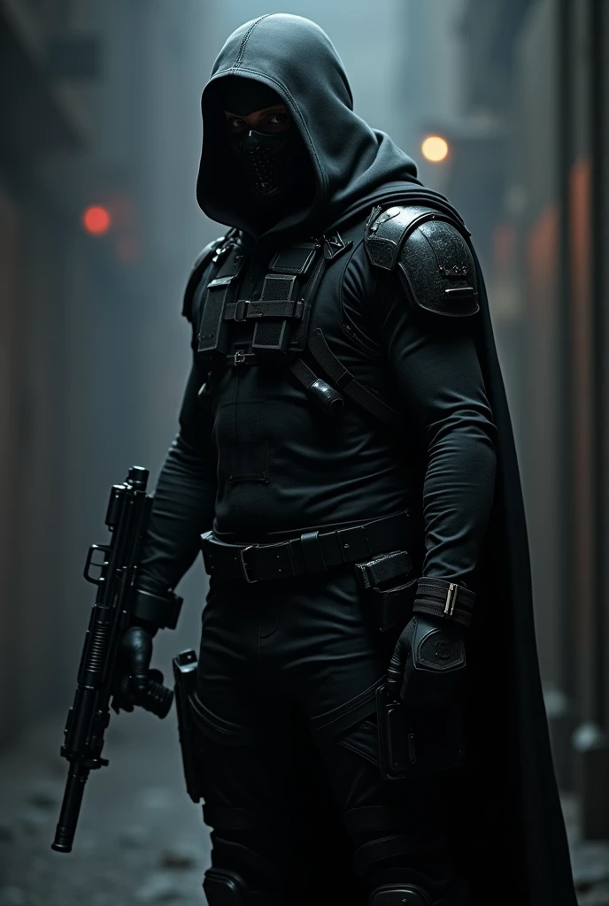 A highly realistic and dark visual depiction of an Obsidian Order operative in a shadowy, secretive environment. The operative is dressed in sleek, black tactical attire, designed for stealth and combat, with no visible insignia or identifying marks. The armor is modern and fitted, blending advanced technology with a minimalist, ghost-like appearance. The operative's face is concealed by a high-tech mask with a visor that hides their identity, reflecting a cold, calculating presence. They are armed with a silenced pistol and a combat knife, their posture alert and ready for action. The background is dimly lit, with shadows and faint outlines of a covert mission setting, suggesting an atmosphere of secrecy and danger. The art style is realistic, emphasizing the stealth, precision, and anonymity of the Obsidian Order operative, who embodies the fearsome and legendary nature of this secretive unit.