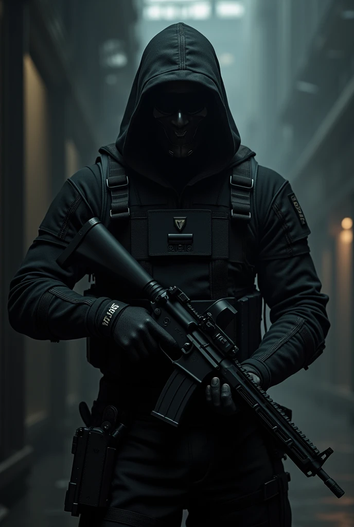 A highly realistic and dark visual depiction of an Obsidian Order operative in a shadowy, secretive environment. The operative is dressed in sleek, black tactical attire, designed for stealth and combat, with no visible insignia or identifying marks. The armor is modern and fitted, blending advanced technology with a minimalist, ghost-like appearance. The operative's face is concealed by a high-tech mask with a visor that hides their identity, reflecting a cold, calculating presence. They are armed with a silenced pistol and a combat knife, their posture alert and ready for action. The background is dimly lit, with shadows and faint outlines of a covert mission setting, suggesting an atmosphere of secrecy and danger. The art style is realistic, emphasizing the stealth, precision, and nymity of the Obsidian Order operative, who embodies the fearsome and legendary nature of this secretive unit.