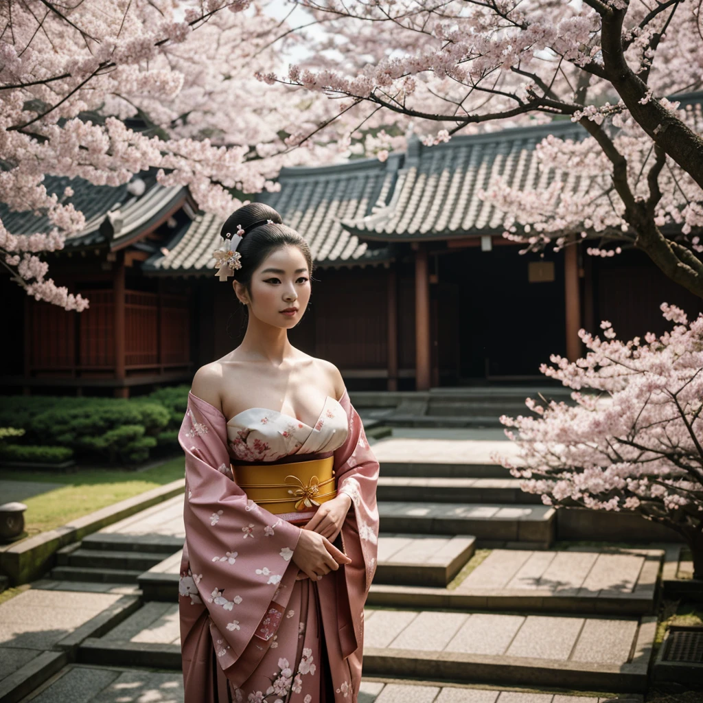 A beautiful geisha, half-naked, wearing traditional geisha makeup, standing in a lush cherry blossom garden in Japan during the geisha era, (best quality,4k,8k,highres,masterpiece:1.2),ultra-detailed,(realistic,photorealistic,photo-realistic:1.37),highly detailed face and skin, elegant geisha kimono, cherry blossoms, traditional Japanese architecture, soft warm lighting, muted color palette, cinematic composition