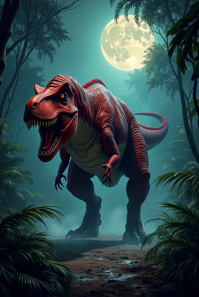 frightful Tiranossauro Rex vermelho com listras negra na floresta africana de noite. Terror. frightful. fear. 