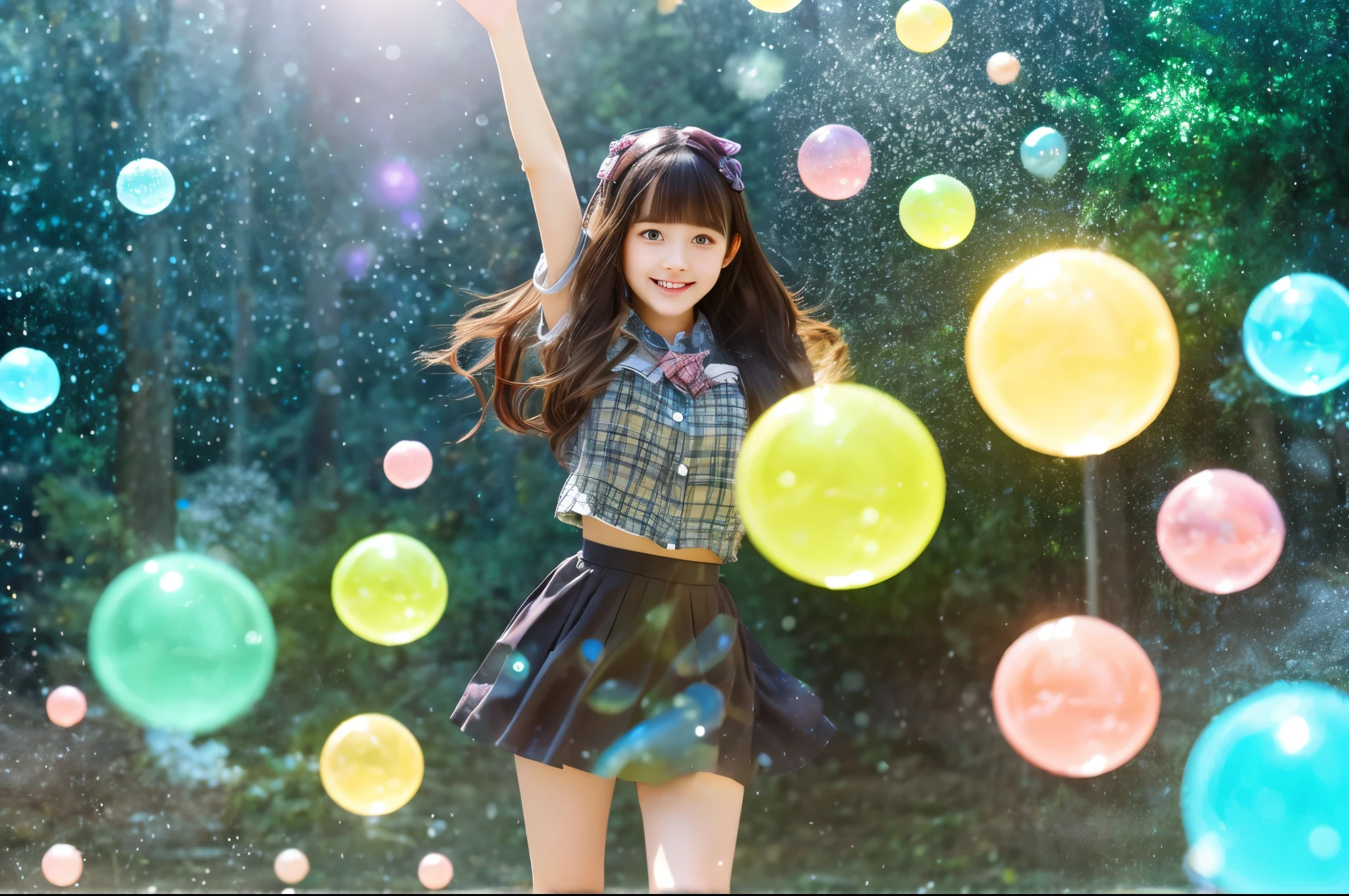 Highest quality masterpiece detailed A super cute girl is wearing a mini skirt and playing with soap bubbles Photo style Fantasy