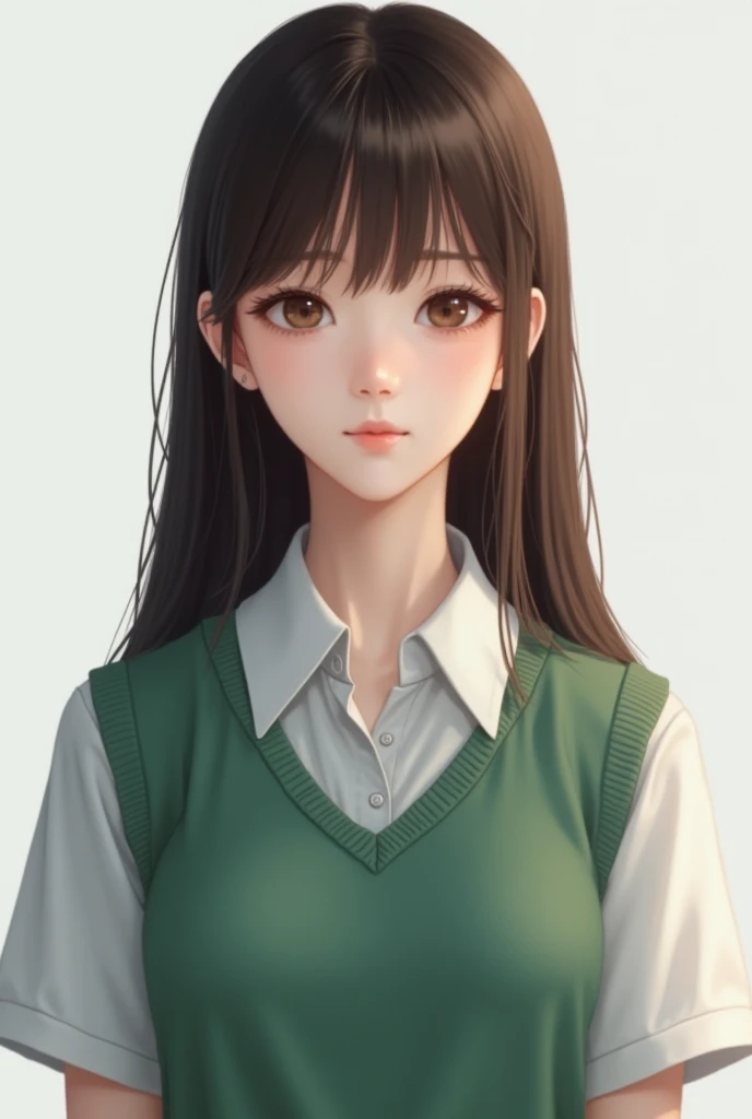 A beautiful woman with long, straight brown hair, with straight bangs, pale skin, Brown eyes, He has a school uniform with a white short-sleeved shirt and a green sweater., It is on a white background