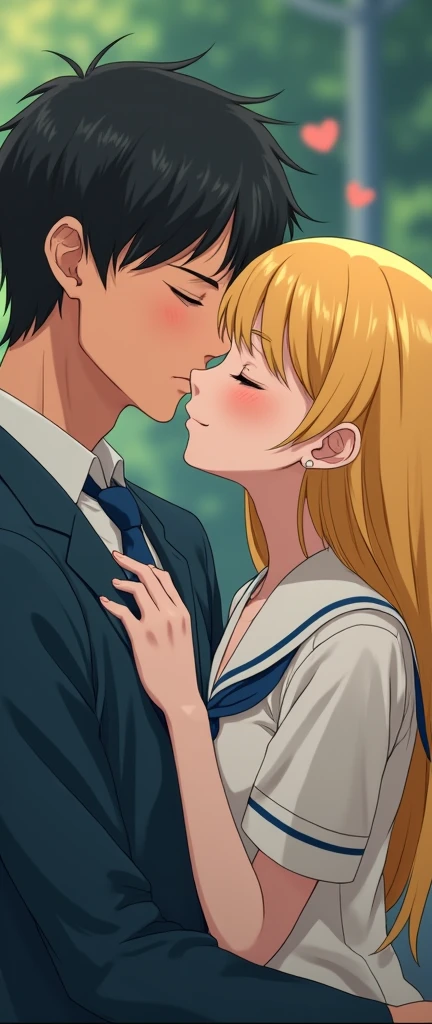 (32K:1.9, Realistic:1.9, Highest quality, masterpiece, Ultra-high resolution), Perfect dynamic composition:1.3, Highly detailed skin and facial textures:1.3, Cute sexy slim Japanese schoolgirl, (Slimman, Height about 180cm), (They both close their eyes, A man hugs and kisses a woman:1.3), Fair skin, ((Clarity:1.1)), (Man is anime「Marmalade Boy」Wearing a wonderful uniform:1.3, Bright yellow hair, beautiful目:1.3), (The woman is wearing a uniform with a light blue tie..:1.3, Straight black hair.:1.3, smile:0.9, A man completely charms a woman:0.9, beautiful Blue Eyes, beautiful, Clear Eyes:0.8), Sexy Face:0.4, blush:1.1, (beautifulエロティシズムを醸し出す雰囲気:0.8), Professional random camera work, Cinematic Lighting Effects, (Full Body Shot), (Too erotic), romantic, mysterious, Object of admiration, original, dramatic, artistic, Innovative, charm, Heartful, Fancy, Tilt, sense of loss, special, exciting, Extreme, sense of openness, joy, joyの表現, ((若さのcharm, 女性的なcharm))