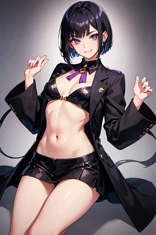 Black Hair, Sideburns, Short Bob, Straight Hair, chest, Crescent-shaped earrings, Purple eyes, Bright Eyes, smile, One girl, smile,Textured skin, Thin legs、high school girl、
