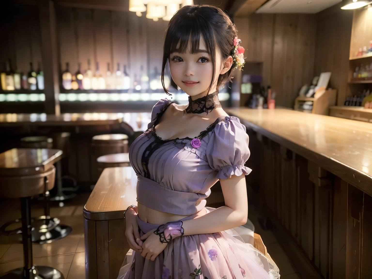 (Highest quality, masterpiece, Ultra-high resolution, 8k, RAW Photos, Realistic, Anatomically correct:1.5), 20-year-old girl:1.2, Embarrassing, avert your eyes, blush:1.0, View Viewer, ((bar)) 、Large windows、Night view、 Light:1.2, Bokeh, Cinema Lighting:1.0, Depth of written boundary, sharp、 Cute Face、Idol、(Black short sleeve lace top)、(Black tulle skirt)、(Purple clothes)、(Floral clothes)、”dwarf”、(Full Body Shot)、(Side angle)、Cowboy Shot、( smile)、((Ultra short hair、Berry Short))、(Straight bangs)、((See-through))、(( One woman))、look back、I can see your belly button、