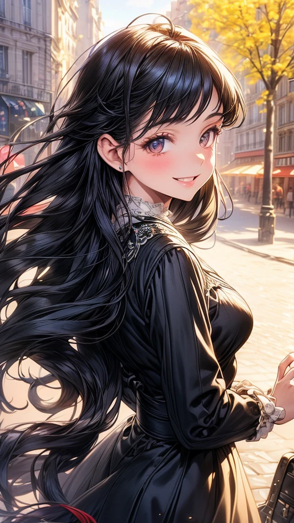 beautiful woman looking directly at viewer, summer scene, enchanting and happy expression, in the center of Paris city, smiling, long black hair, masterpiece, high quality, ultra detailed, 8k cg drawing, realistic, photographic, intricate detail, vivid colors, natural lighting, dynamic composition, cinematic, cinematic lighting, elegant, sophisticated, glamorous