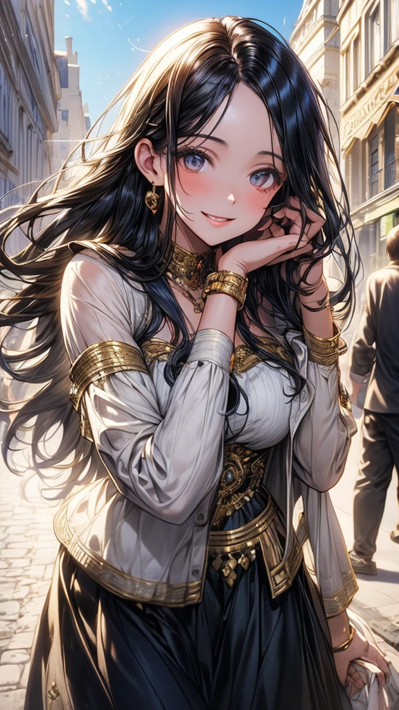 beautiful woman looking directly at viewer, summer scene, enchanting and happy expression, in the center of Paris city, smiling, long black hair, masterpiece, high quality, ultra detailed, 8k cg drawing, realistic, photographic, intricate detail, vivid colors, natural lighting, dynamic composition, cinematic, cinematic lighting, elegant, sophisticated, glamorous
