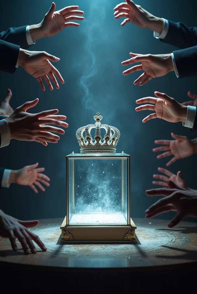 (bookcover), large silver wedding crown, Wedding crown in a glass box on the table, dark background, Under the glass box there is a stage space for cast weddings, Many hands from the right and left want to grab the wedding crown, perfect hands
